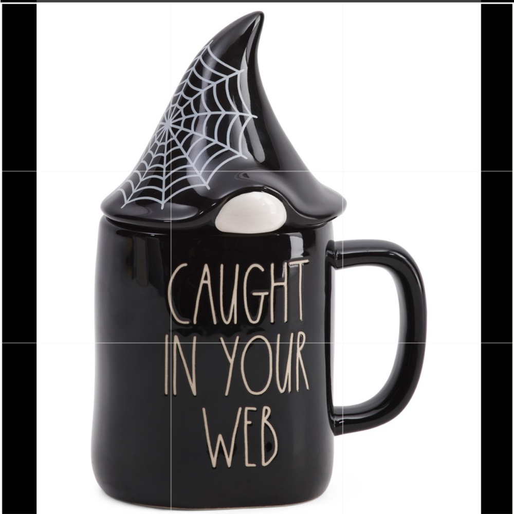 Rae Dunn CAUGHT IN YOUR WEB mug with lid